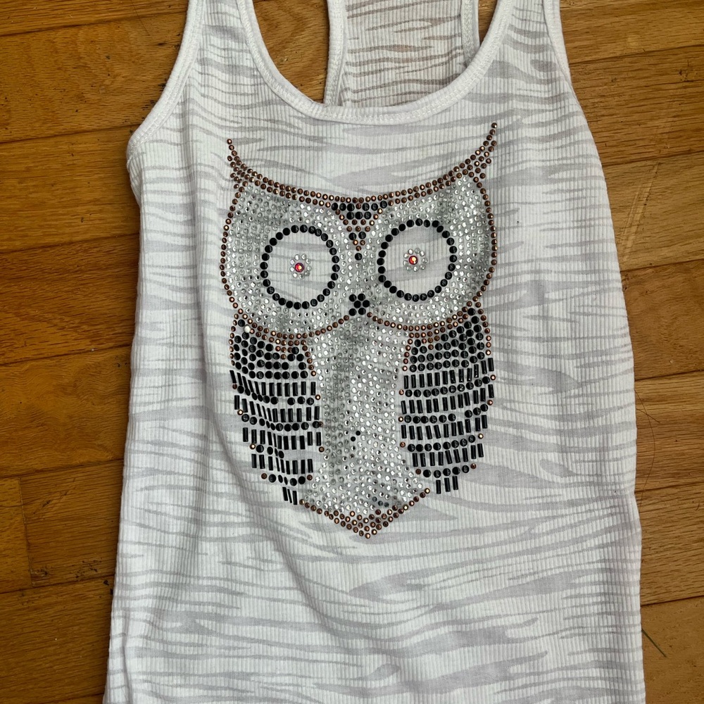 Beaded Crystal Owl White Tank Top with Sheer Zebra Pattern